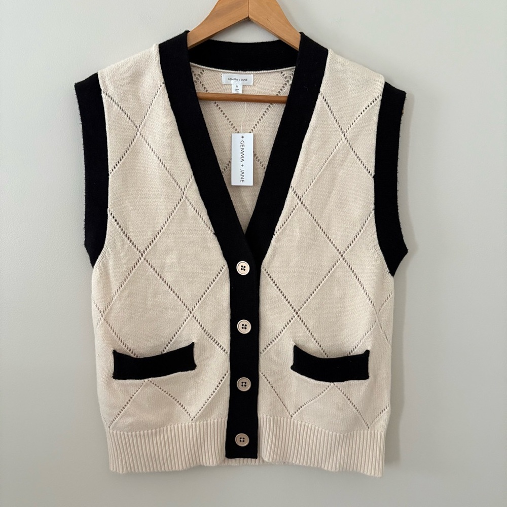 New‎ GEMMA + JANE sleeveless cardigan vest diamond pointelle knit ivory black M
